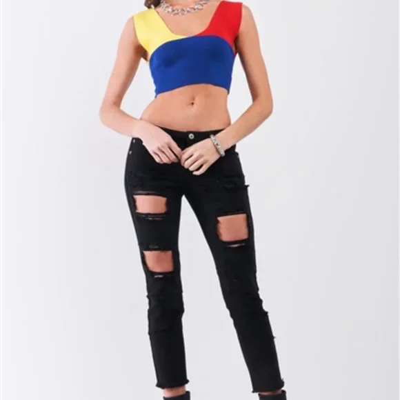 Yellow Red Blue Color Block Knit  V-Neck And Back Sleeveless Crop Tank Top - Picture 3 of 3